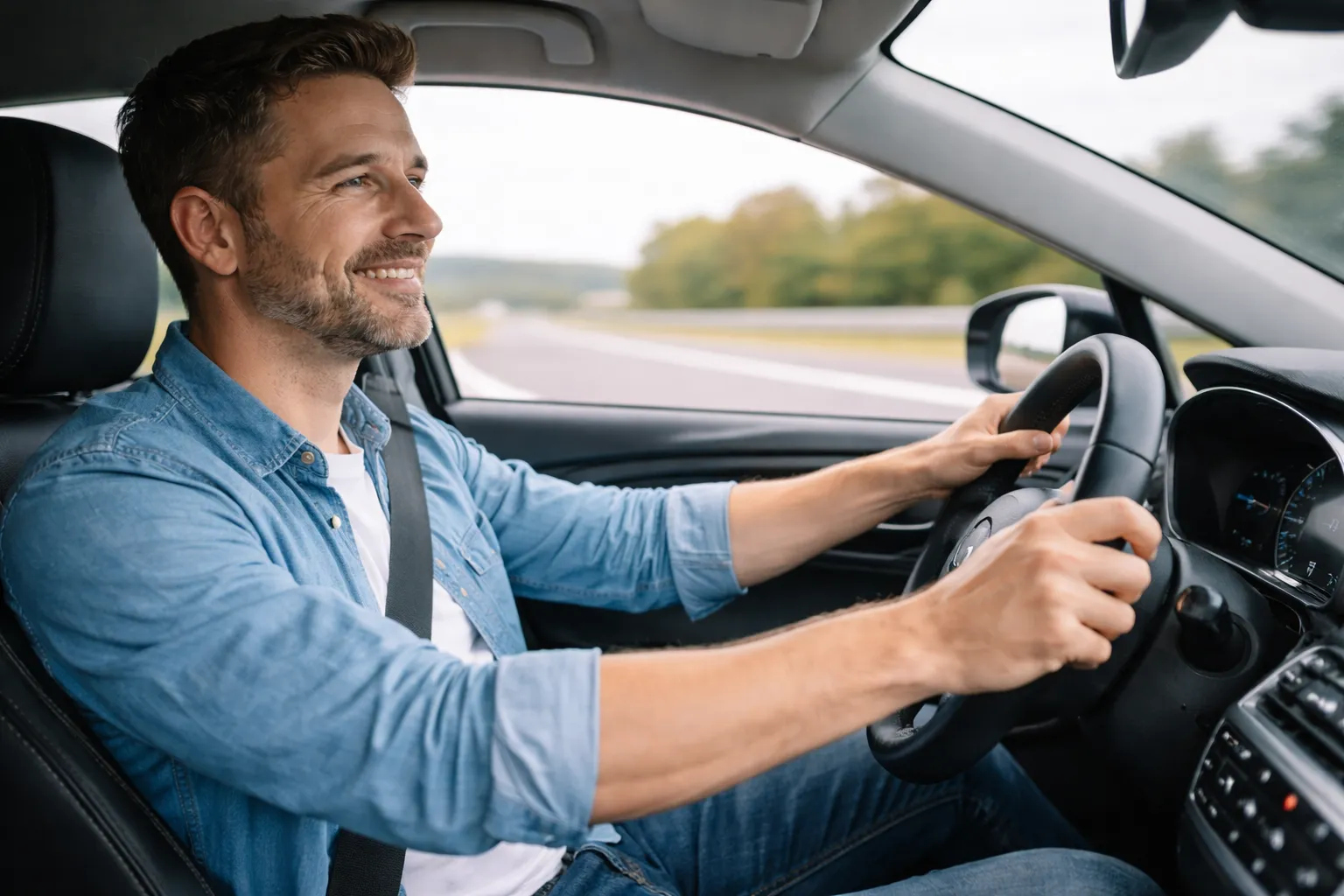 Conductor realizando un trayecto largo diario por carretera Persona al volante del mejor coche para hacer 200 km diarios en un trayecto largo.