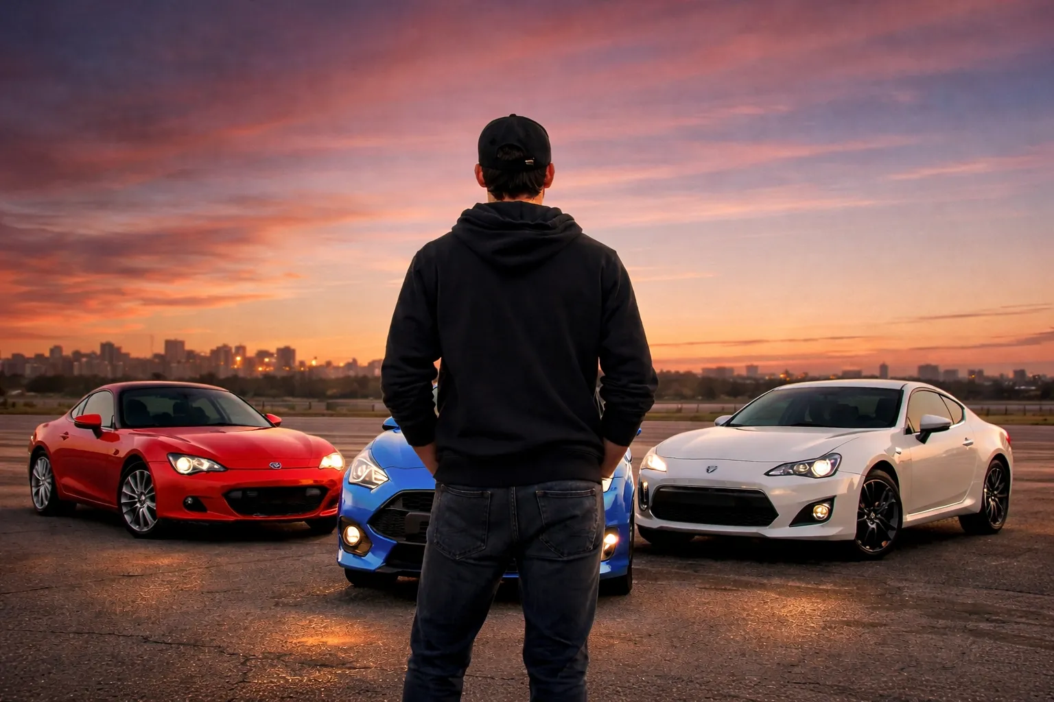 Joven compara coches deportivos baratos para jóvenes antes de comprar su primer coche.