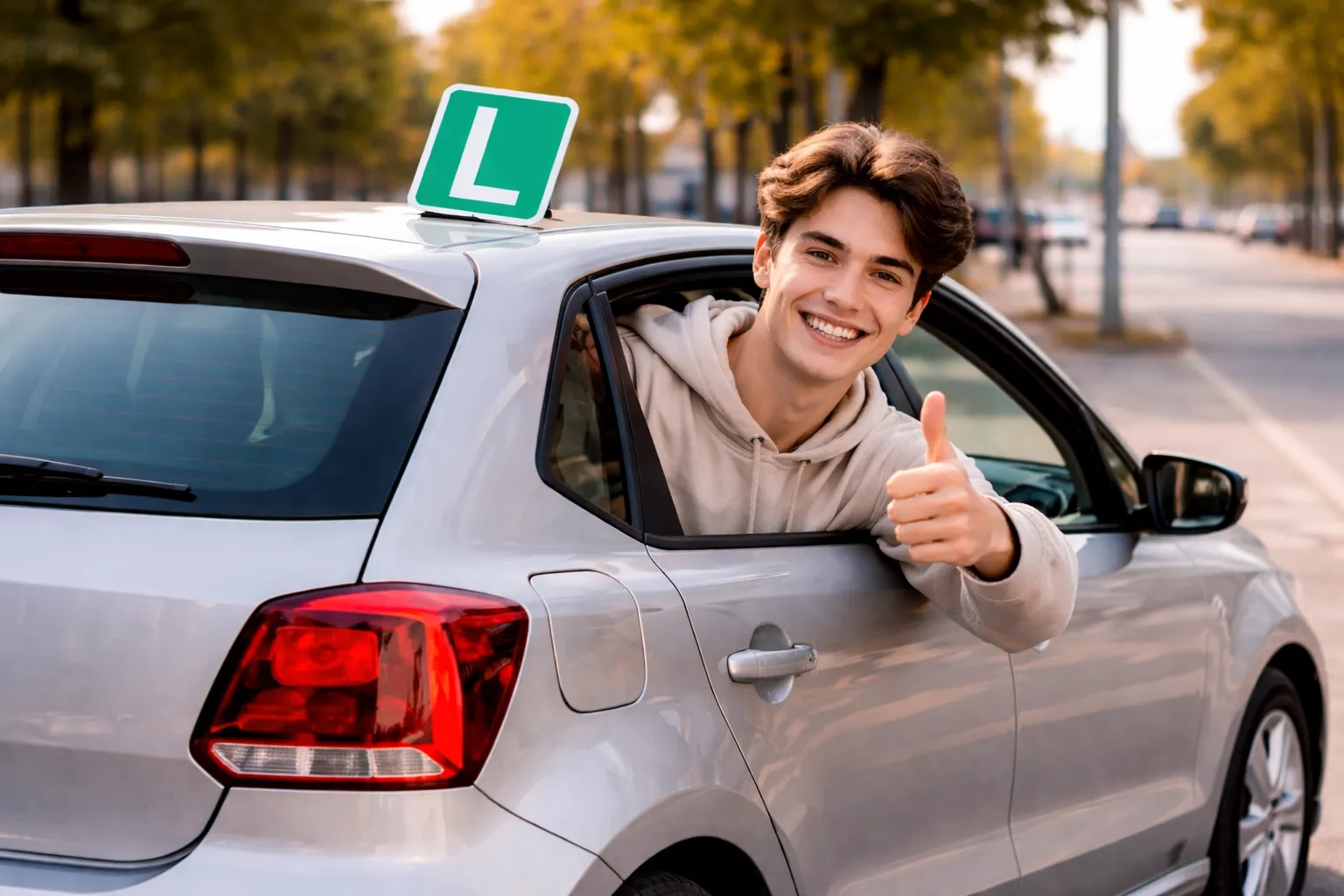 Conductor novel en uno de los coches para conductores noveles en calle arbolada. Conductor novel sonríe desde uno de los coches para conductores noveles mejores para él.