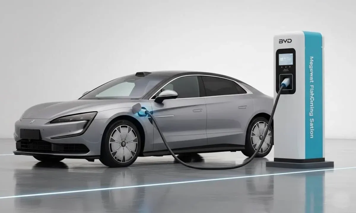 Coche eléctrico cargando en estación de carga rápida. Coche eléctrico moderno recargando batería y desmintiendo mitos del coche eléctrico.