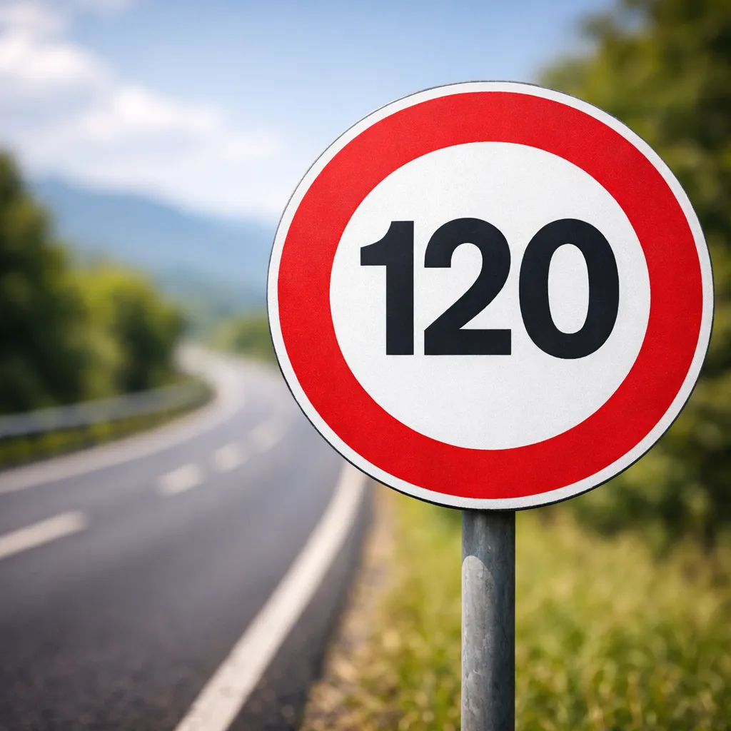 Señal de limites de velocidad 120 km/h en carretera con paisaje natural.