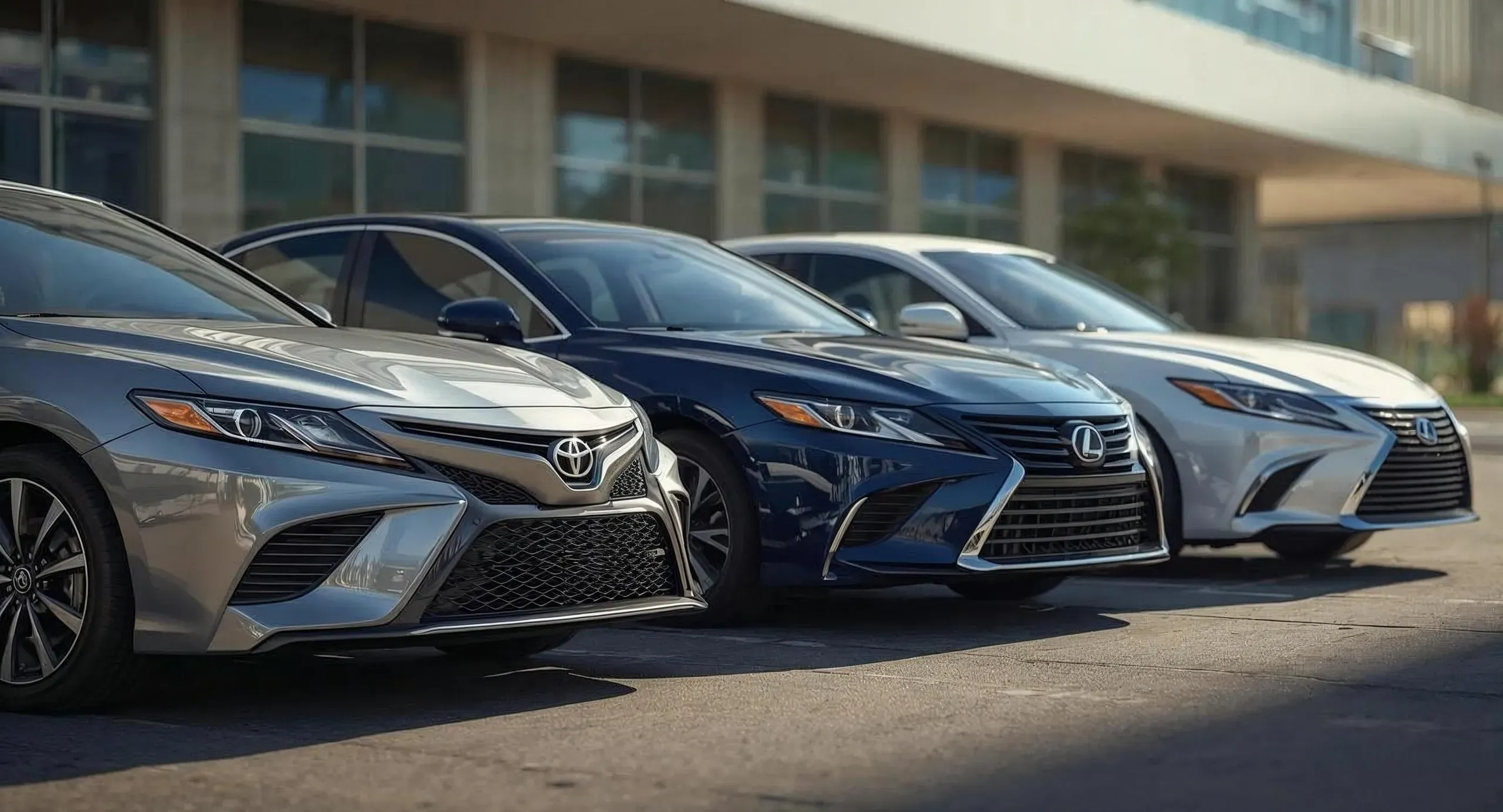 Modelos Toyota y Lexus Sedanes Toyota y Lexus aparcados en línea, representando marcas japonesas de coches.